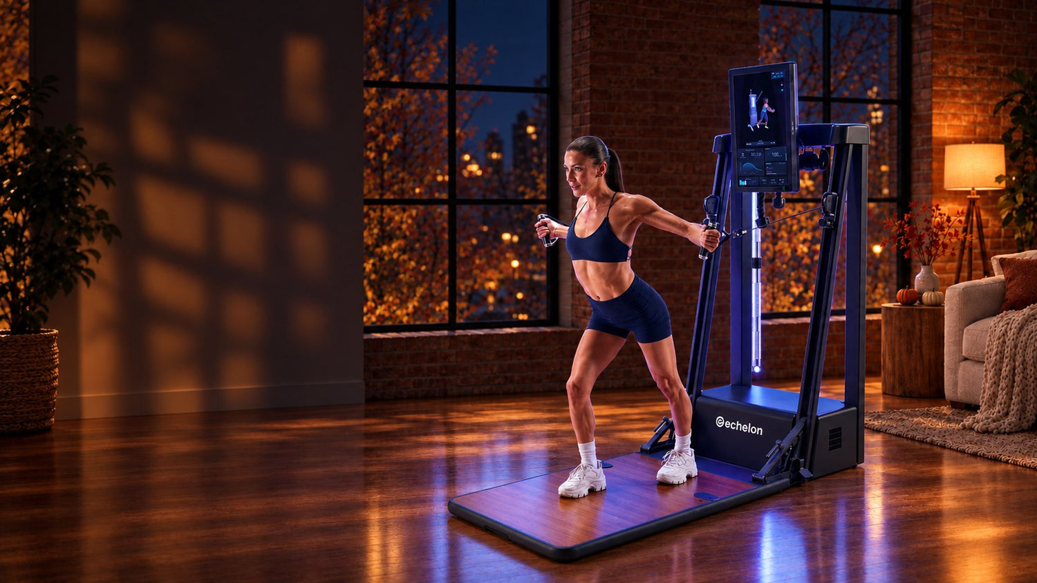 Woman doing a cable row on the Echelon Strength+ Smart Gym
